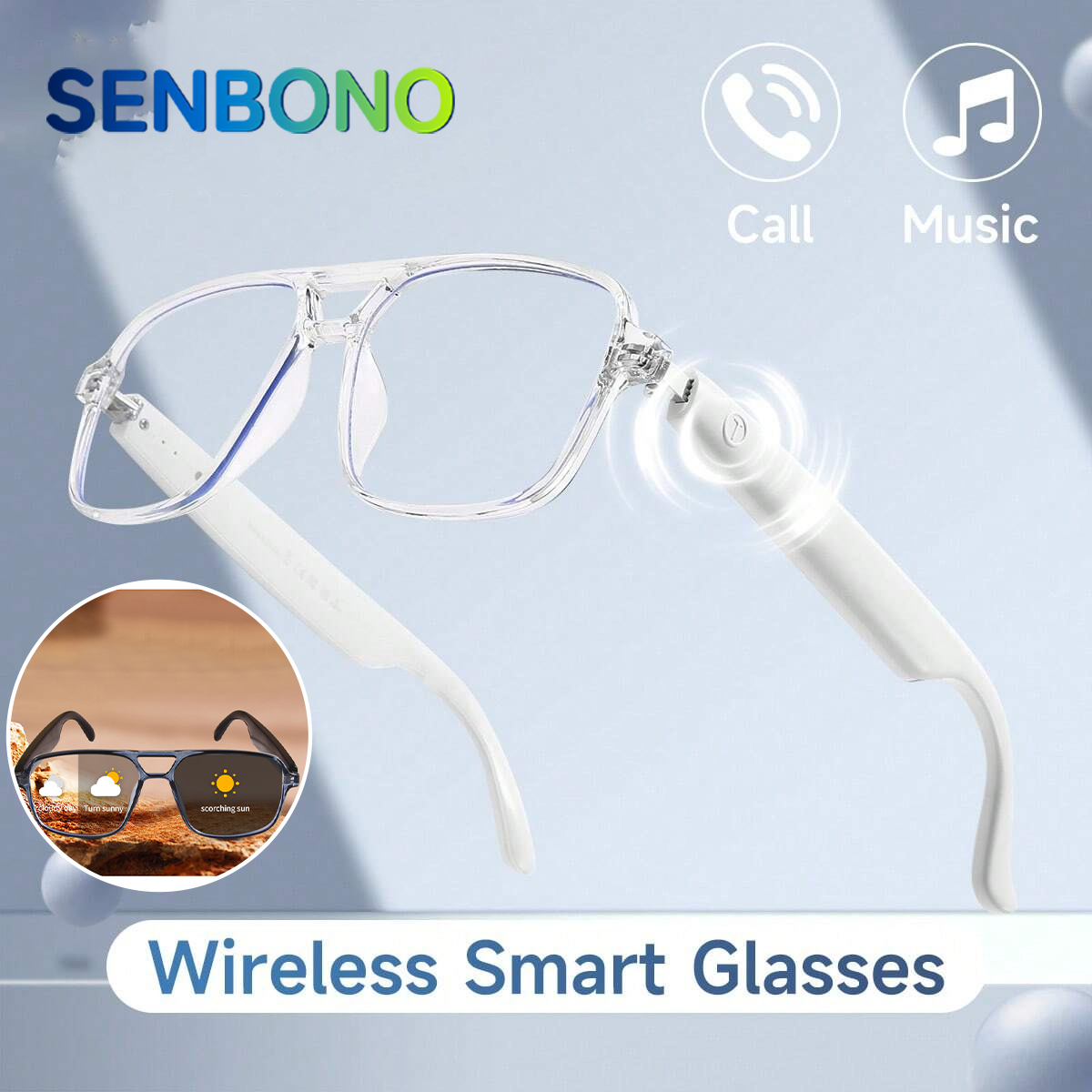 Photochromic Smart Sunglasses Audio - SENBONO 스마트 안경 무선 오디오 광변색